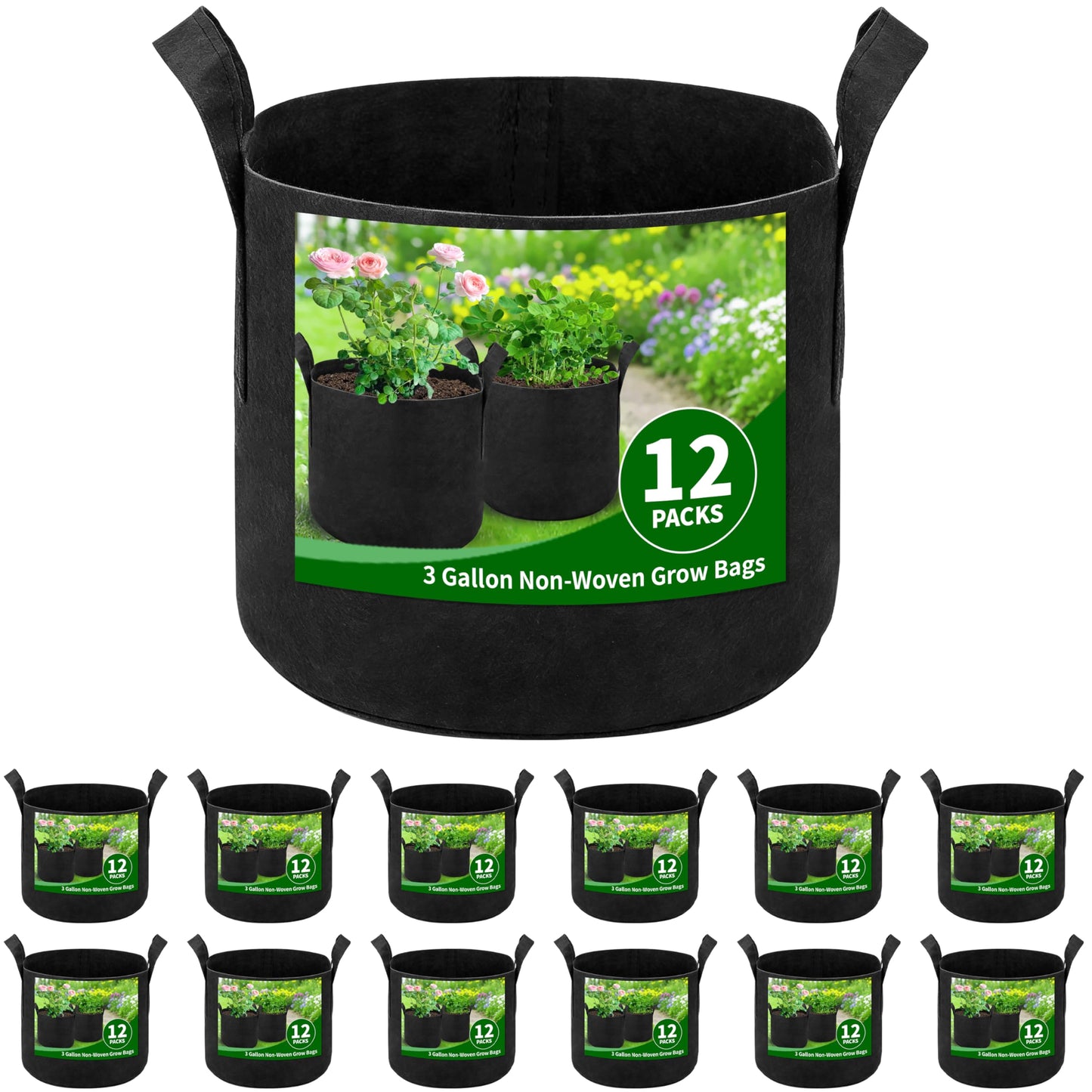 SORANGEUN 12 Pack 3 Gallon Grow Bags, Heavy Duty 300g Nonwoven Fabric Plant Pots with Reinforced Handles, Breathable Potato & Tomato Grow Bags for Vegetables, Peppers, Herbs - Black