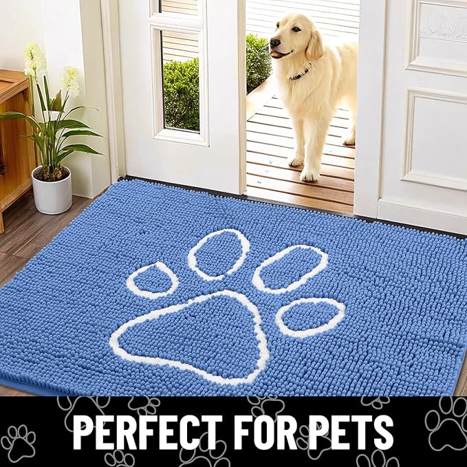 Smiry Dog Door Mat for Muddy Paws, Absorbent Dirt Trapper Non Slip Quick Dry Washable Chenille Mat for Mud Dogs, Entry Rug for Indoor and Outdoor (40x32 Inches, Cornflower Blue and White)