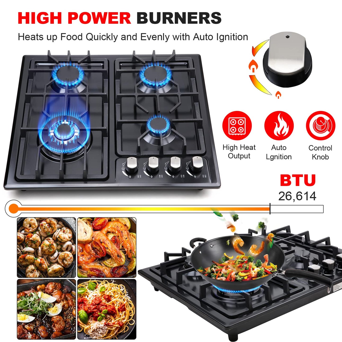 FORIMO Gas Cooktop 22Inch，Built in Gas Cooktop 4 Burners Stainless Steel Stove with NG/LPG Conversion Kit Thermocouple Protection and Easy to Clean