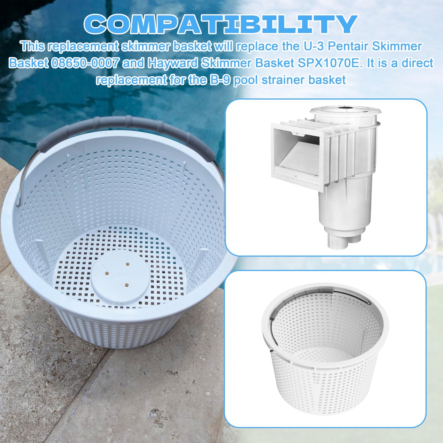 Seaiyomg 8" Pool Skimmer Basket Replacement for Pentair U-3 & Hayward SP1070 | Heavy-Duty Inground Pool Basket with Weighted Metal Base & 316 Stainless Steel Handle