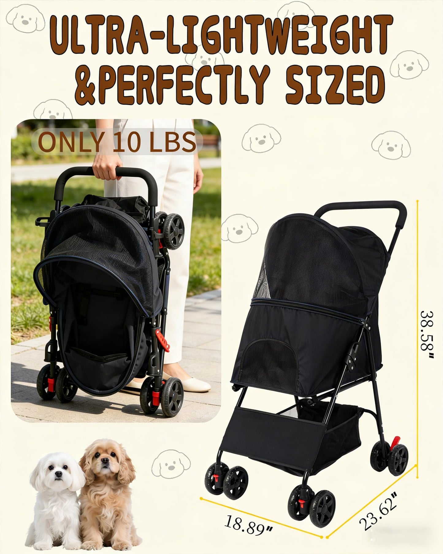 Pet Stroller for Small Medium Dogs Cats - Lightweight 10lbs Foldable Dog Stroller, Breathable Mesh & Safety Tether, 33lbs Capacity with Locking Wheels, Storage Basket for Outdoor Walks-Black
