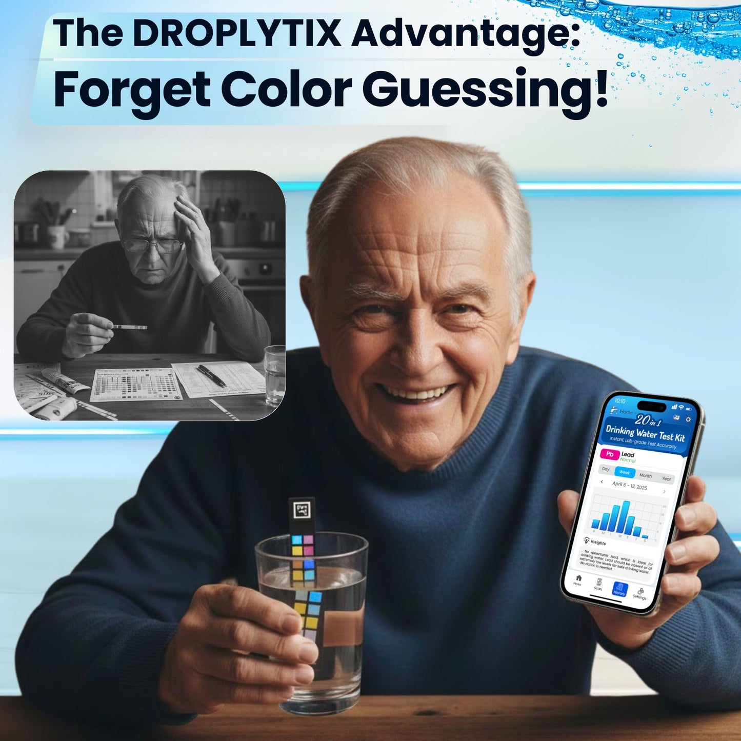 DROPLYTIX 20-in-1 Drinking Water Test Kit with Mobile App, Lab-Precision Home Water Testing Strips for Tap and Well Water, Tests pH, Hardness, Lead, Iron, Chlorine, Nitrate, Fluoride, Heavy Metals