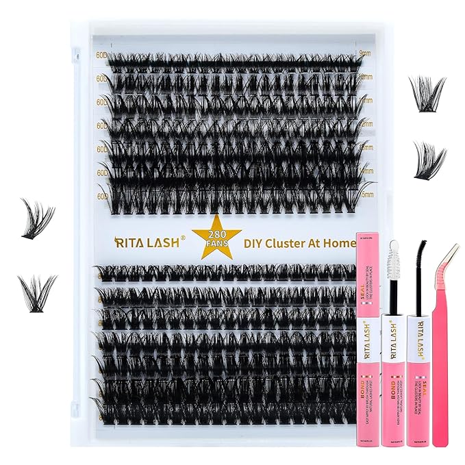 RITALASH Lash Extension Kit 60D+80D DIY Lash Clusters 280pcs Cluster Lashes Individual Lashes Eyelash Extension Kit with Lash Bond and Seal,Lash Tweezers(60D+80D Kit,9-15mm Mixed)