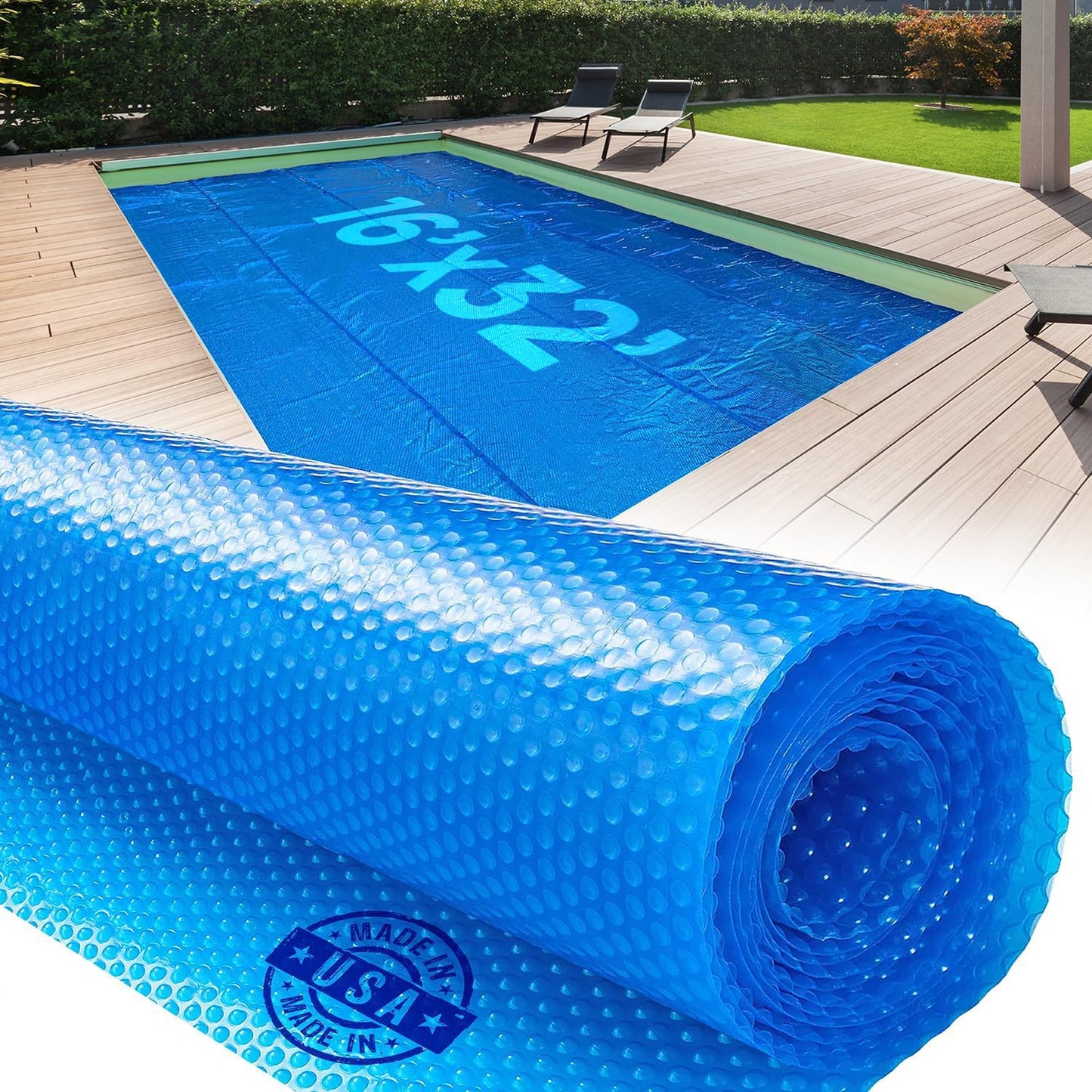 Solar Pool Cover for Inground and Above Ground Pools - 16' x 32' Rectangle 12 Mil Solar Blanket for Inground Pool, Blue