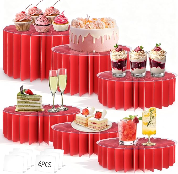 6Pcs Buffet Risers, Valentine's Day Food Risers for Table, Foldable Cake Display Stands, Tall Cardboard Cupcakes Stand for Show Catering Desserts Jewelry Wedding Birthday Party Decoration (Red)