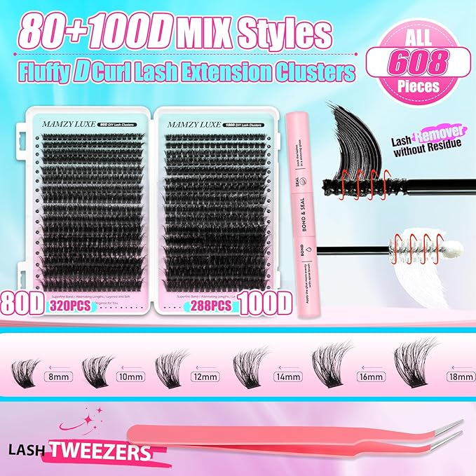 Fluff Lash Clusters Kit 608PCS Cluster Eyelash Extensions Kit 8-18MM Wispy Lashes Clusters Kit 80D 100D D-Curly Eyelash Clusters Mix Daily Look Fake Eyelashes Extension Kit