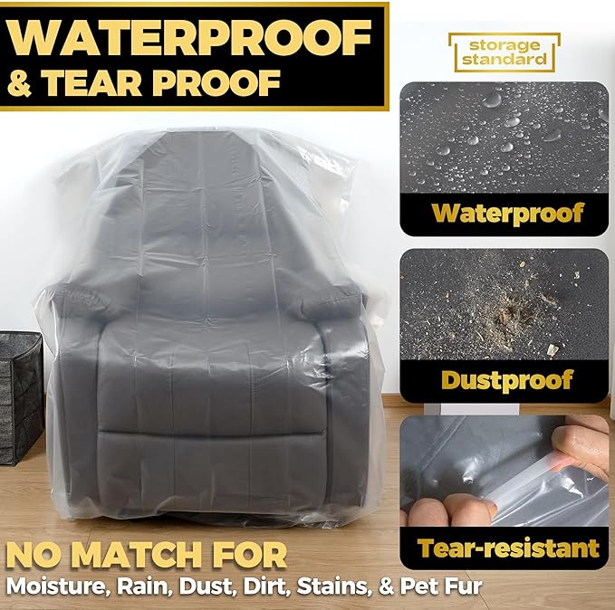 Plastic Furniture Covers for Moving Storage - Heavy-Duty Chair Cover Protectors, Waterproof & Dustproof Clear Moving Bags for Armchair or Recliner - Extra Large Bag Open Size 64 x 42 x 34 Inch