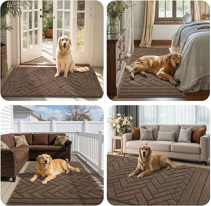 Tindbea Large Dog Mat for Muddy Paws,Absorbs Moisture Dirt Non-Slip Washable Long Mud Mat for Dogs,Soft Rubber Backing Front Inside Pet Rug for Entryway, Mud Dog Paws, Patio(32"x47",Latte)
