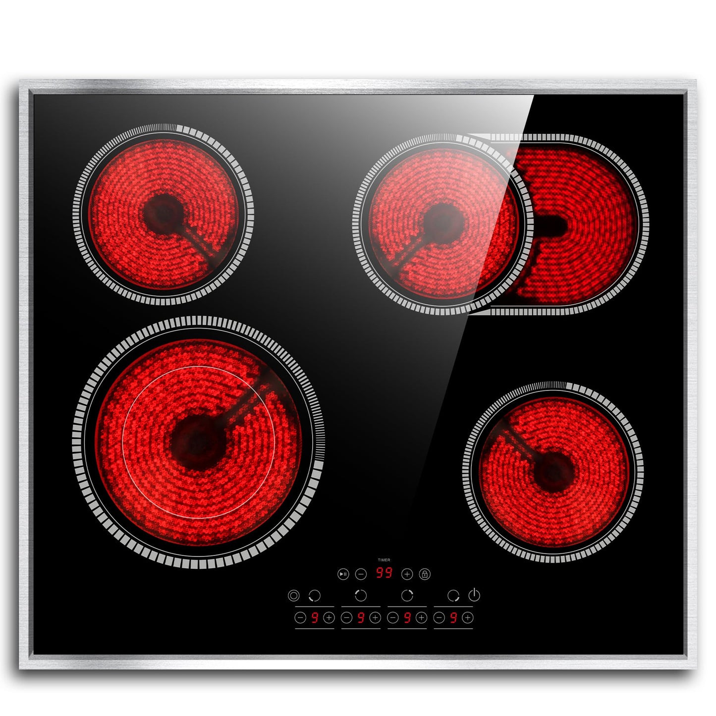 24 Inch Electric Cooktop 4 Burners, Pladeca 6600W Electric Stove Touch Control, 220-240V Built-in Radiant Stove Top with Safety Lock, Timer, Pause Control, Extended Zone, Hard Wire(No Plug)