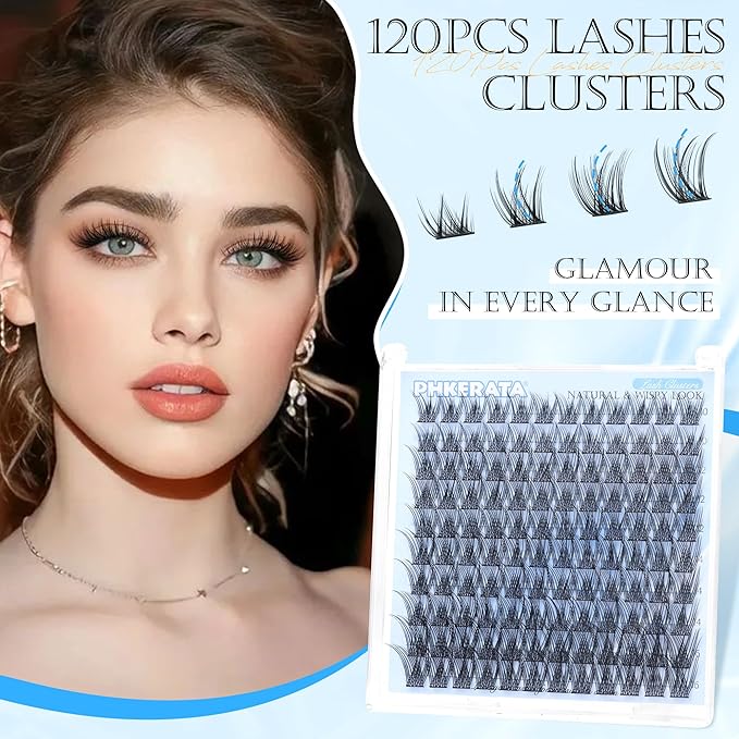 PHKERATA Wispy Eyelash Clusters Natural Lash Clusters 120 pcs Individual Lashes Clusters DIY Cluster Eyelash Extensions with Soft Lash Band, 10-16 mm