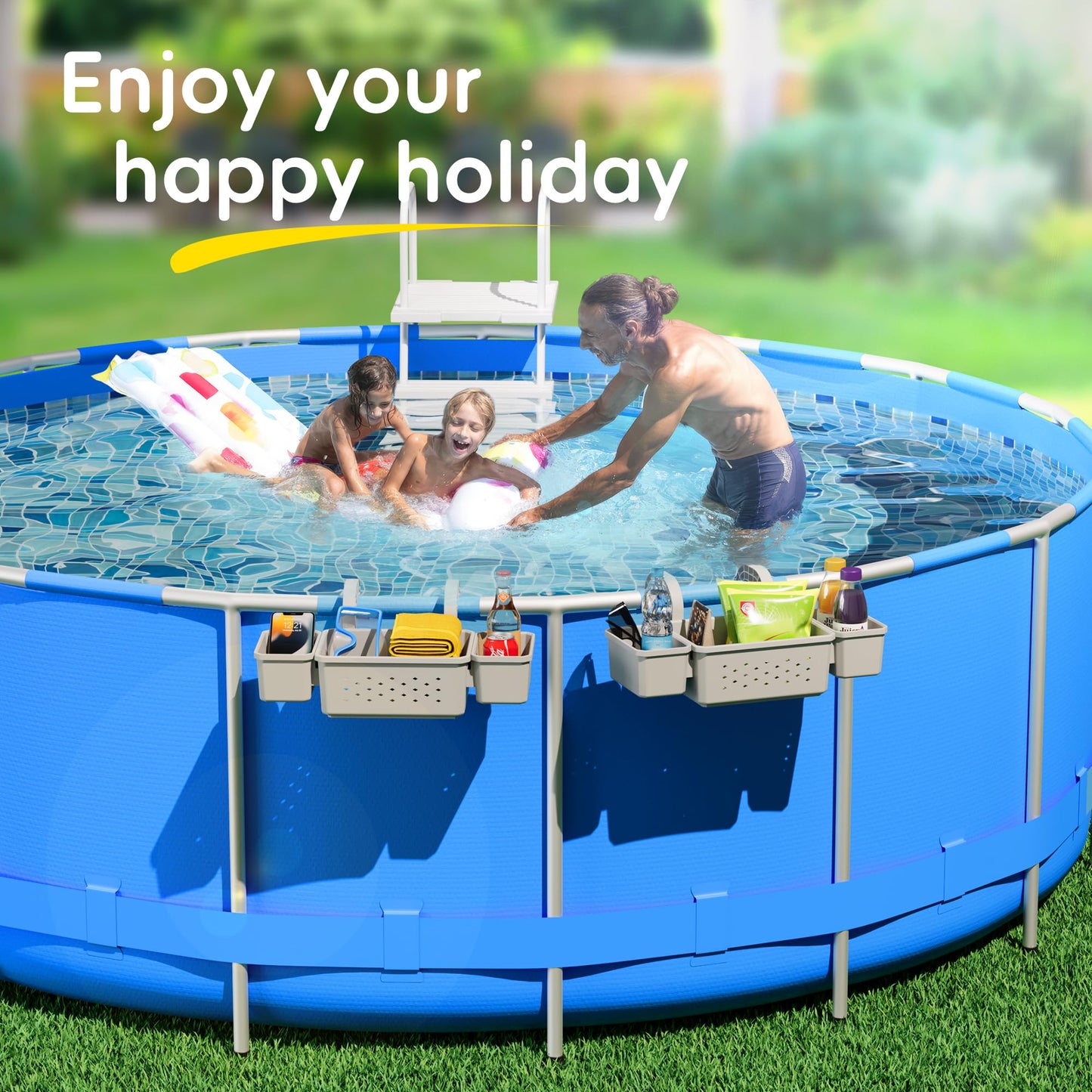 SHAPON 2026 Upgrade 2 Sets Poolside Storage Basket with 2 Cup Holders, Pool Drink Holder Stretchable Organizer for Drinks & Pool Supplies, Above Ground Pool Accessories for Most Frame Swimming Pools