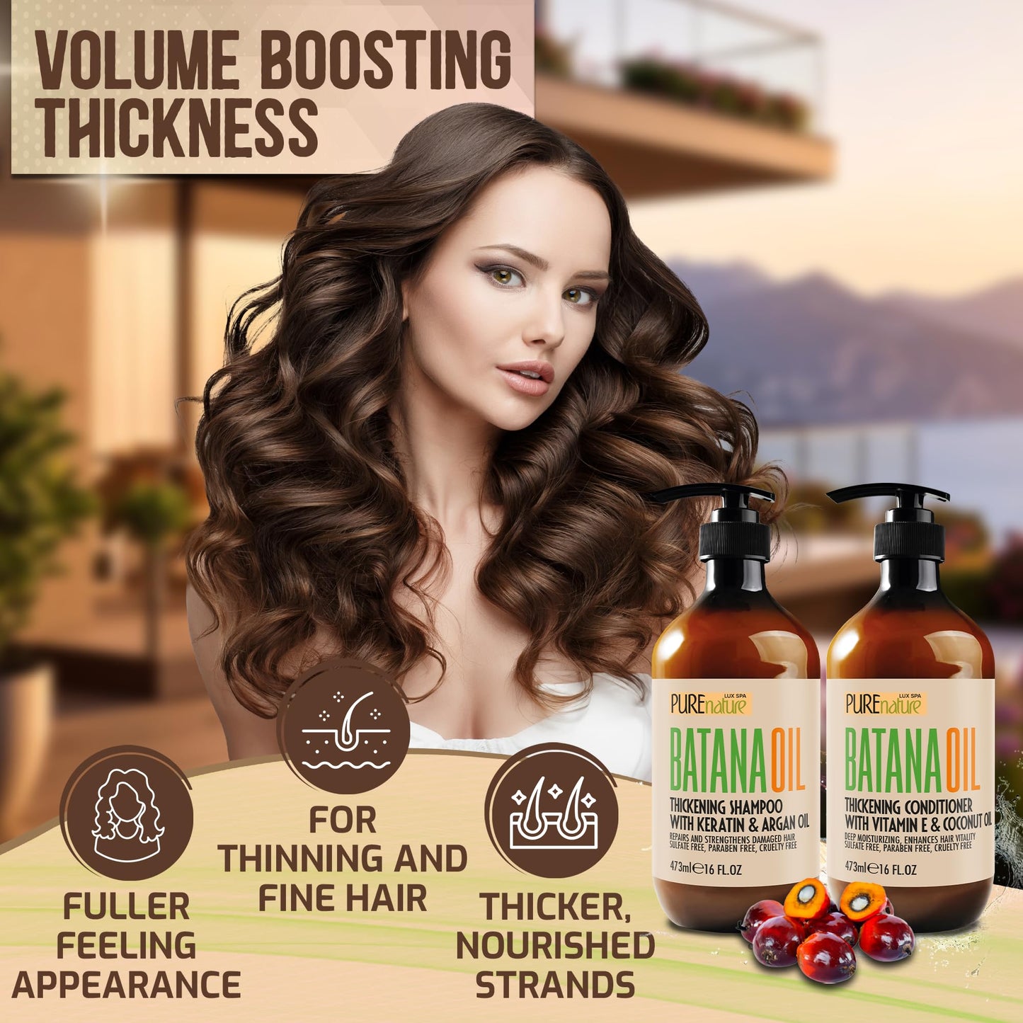 Batana Oil Shampoo and Conditioner Set - Thickening, Sulfate Free Formula for Women and Men - Volumizing, Moisturizing, Professional Salon Care Products for Fine, Thinning Hair - 16 Fl Oz (Pack of 2)