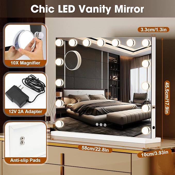 Vanity Mirror with Lights and Bluetooth, 23"X18" Hollywood Mirror for Desk/Wall-Mount, 3 Color Modes Light up Mirror with 15 LED Bulbs USB Charging Port and 10X Magnification, Gifts for Women