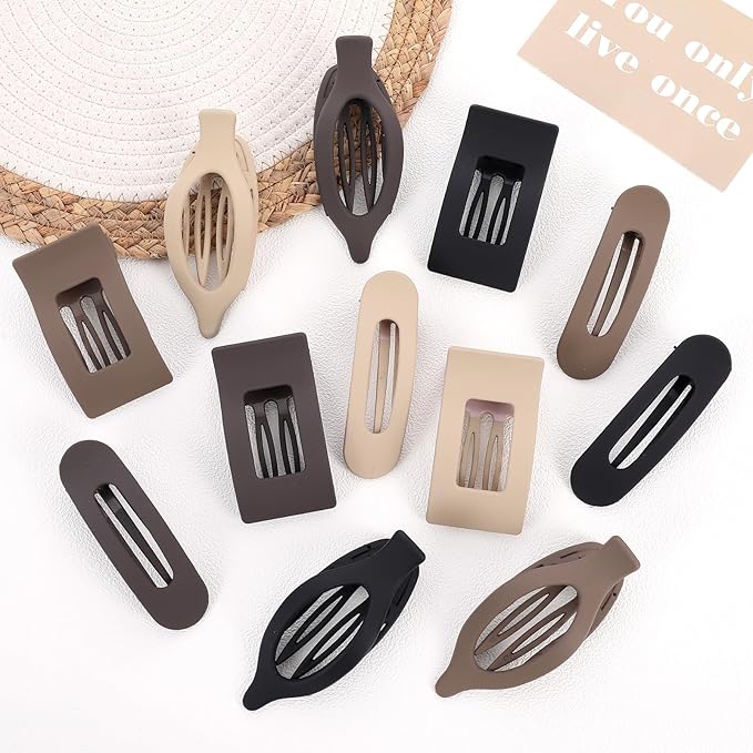 12 Pack Flat Hair Clips for Women-3 Styles Matte Neutral Flat Claw Clips, Black, Blonde,Light Brown & Dark Brown, Thick & Thin Hair Styling Accessories