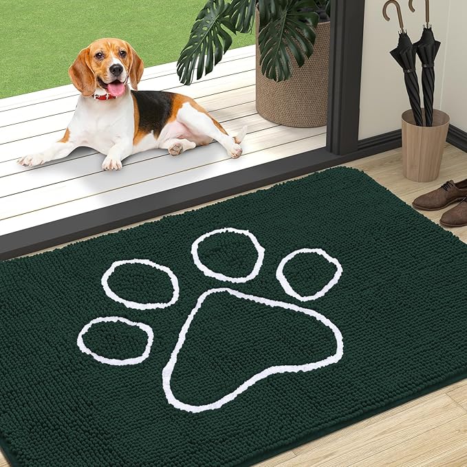OLANLY Dog Door Mat for Muddy Paws 47x32, Paw Print Design, Absorbs Moisture and Dirt, Absorbent Non-Slip Washable Doormat, Quick Dry Chenille Mud Mat, Entry Indoor Entryway Carpet, Blackish Green