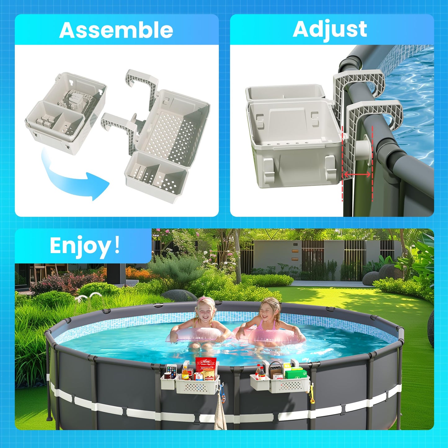AquaJoyer 2 Sets of Poolside Storage Baskets with Cup Holders - Perfect for 3-Inch or Smaller Top Rails - Above Ground Pool Accessories - Fit for Most Above Ground Pool（Grey）