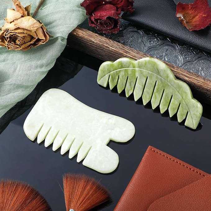 Geiserailie 2 Pcs Jade Combs Esthetician Supplies Massage Stone Hair Gua Sha Scraping Scalp Comb Facial Massage Tool Handheld Head Tools Head Caring Therapy Valentines for Women(Chic Style)