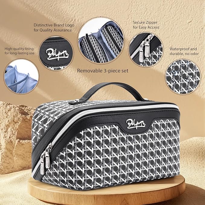BOYATU Travel Makeup Bag Cosmetic Bags for Women: Large Capacity 3 Pcs Set Make up Bag with Compartments - Waterproof Vegan Leather Toiletry Organizer Bags with Handle (M-76Black)