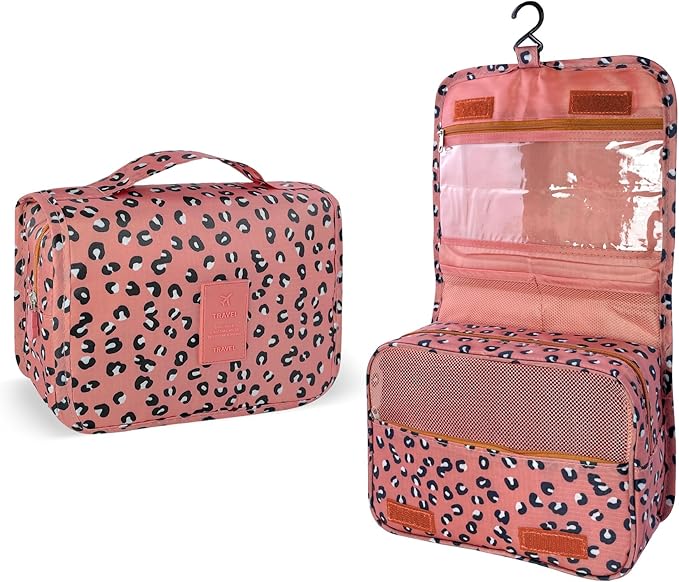 Large Capacity Toiletry Bag Travel Bag with Hanging Hook for Men and Women Waterproof Travel Cosmetic Bag Bathroom Storage Bag for Brushes Set,Full-Sized Shampoo,Accessories-Pink Leopard