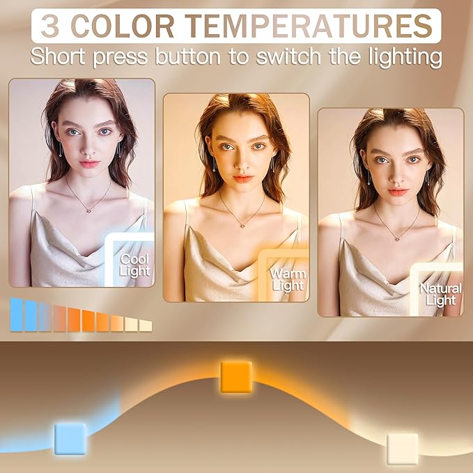 ROLOVE Lighted Makeup Mirror, Vanity Mirror with Lights for Desk Tabletop, Smart Touch with 3-Color Lighting,Dimmable, 360° Rotation, White, 13"x15"
