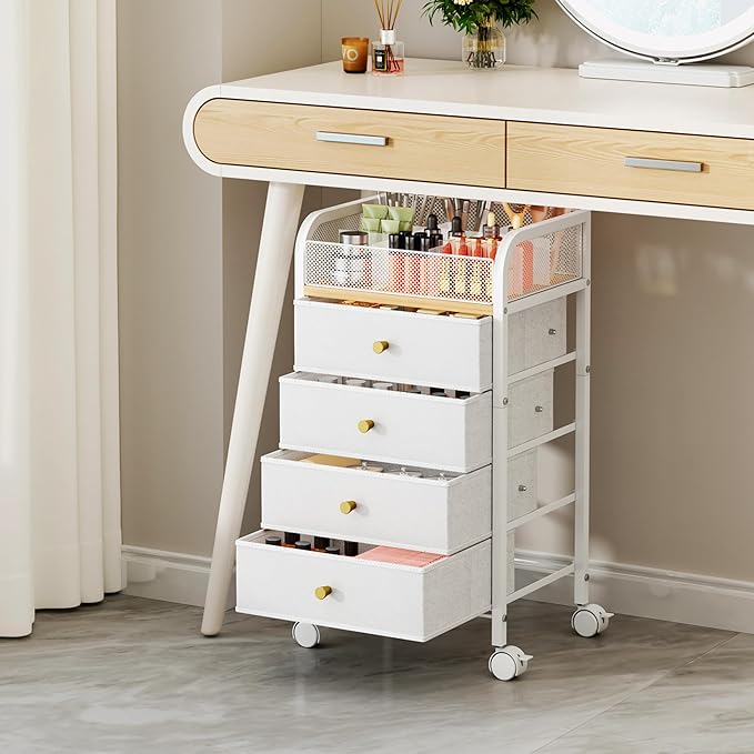SWTYMIKI Rolling Makeup Organizer Cart - 14.96Ã¢ÂÂ³*11.81Ã¢ÂÂ³*27.55Ã¢ÂÂ³ Widened Under Desk Vanity Storage with 4 Non-woven Drawers, Cosmetic Display Cases for Skin Care Perfume Nail Polish Brush Hair Tool White