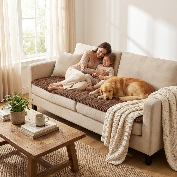 Smiry Couch Cover for Dogs Washable, Non Slip Fuzzy Pet Couch Covers for 3 Cushion Sofa Pet Friendly, Thick Soft Sofa Slipcovers Cushion Protector (Brown, 27.6" x 27.6")