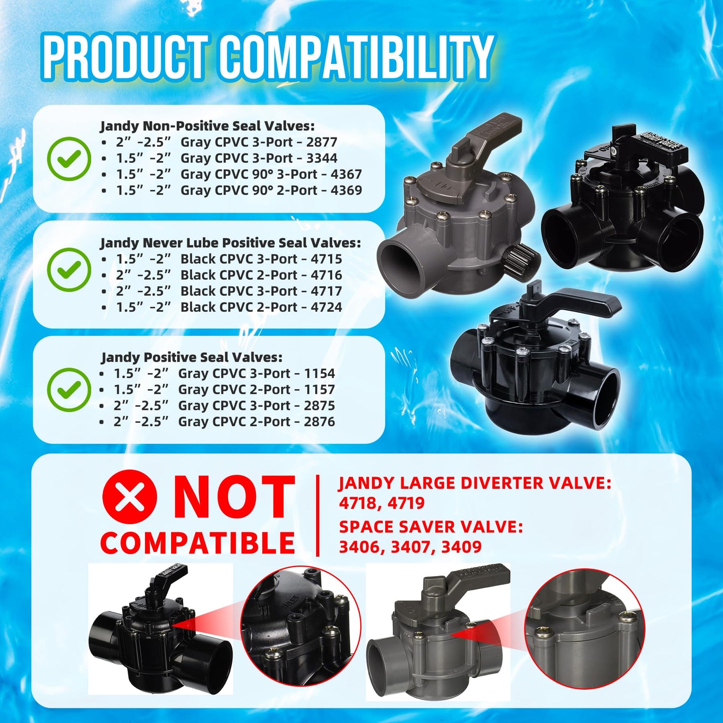 2-Port/3-Port Pool Valve Rebuild Compatible with Jandy 2-way/3-way 4717,4716,4715,1154,1157,2875,2876 Valve and Gray Includes Handle 7433,Diverter Valve 4720,Valve Cover 4606,R0547600 Screws (2 PACK)