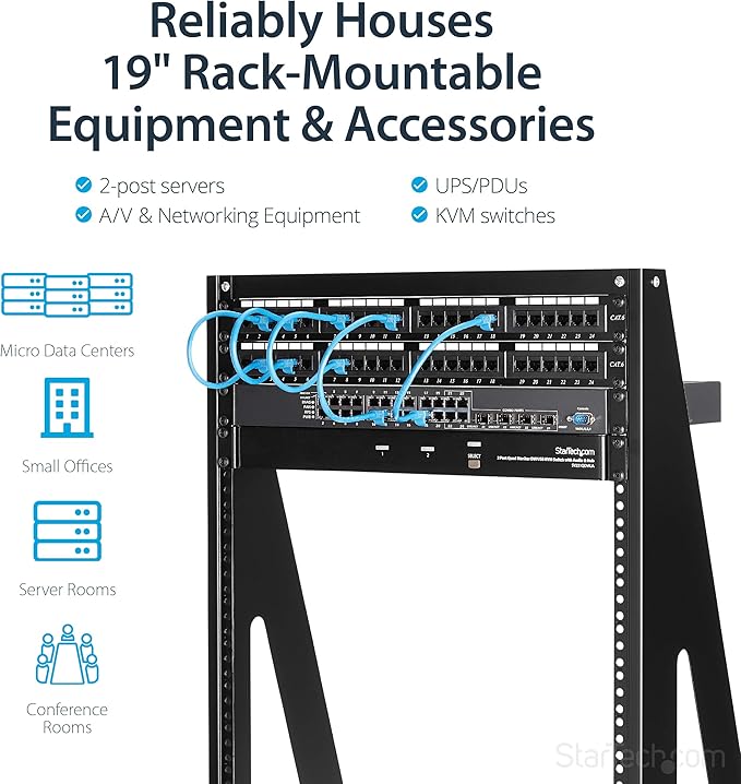 StarTech.com 2-Post 16U Heavy-Duty Desktop Server Rack, Small Open Frame 19in Computer Rack, Compact Network Rack for AV / Studio / Data / IT Equipment, Two-Post Home/Office Rack, TAA (2POSTRACK16)