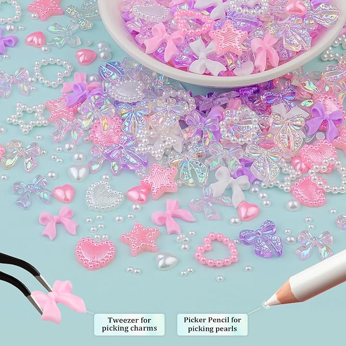 600 Pcs 3D Nail Charms and Flatback Pearls Set 12, 6 Colors Nail Bows Charm + Pink&White Star Heart Cute Nail Jewels + 2-4mm White Nail Pearls for Nail Art DIY Decoration with Pickup Tools