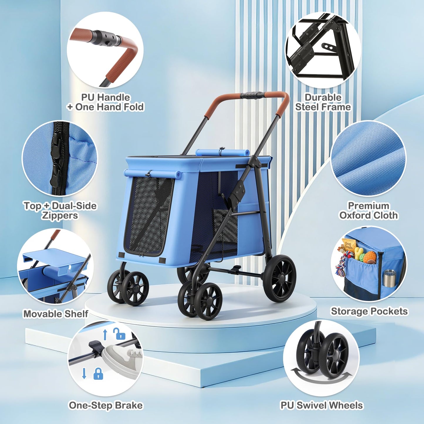 MoNiBloom Pet Stroller for Medium to Large Dogs up to 66lb, One-Button Fold System, Breathable Mesh Top & Sides, Portable Dog Wagon for Outdoor