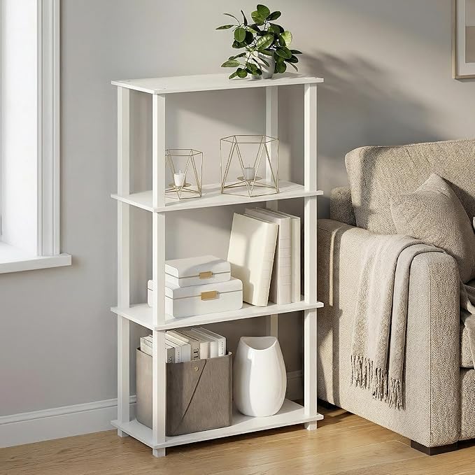Furinno Turn-S-Tube Storage Shelves, 4-Tier Book Shelf, Corner Shelf, Toolless Open Frame Standing Shelves, for Organization and Storage, Living Room, Garage, Home Office, White