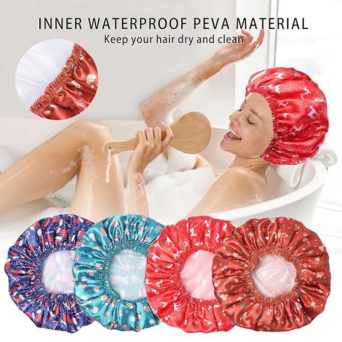4 PCS Shower Cap for Women, Elastic and Reusable Bath Caps, Double Layers Shower Caps Reusable Waterproof, Bathing Shower Caps, Environmental Bath Hair Protection Cap - Chrismas Pattern