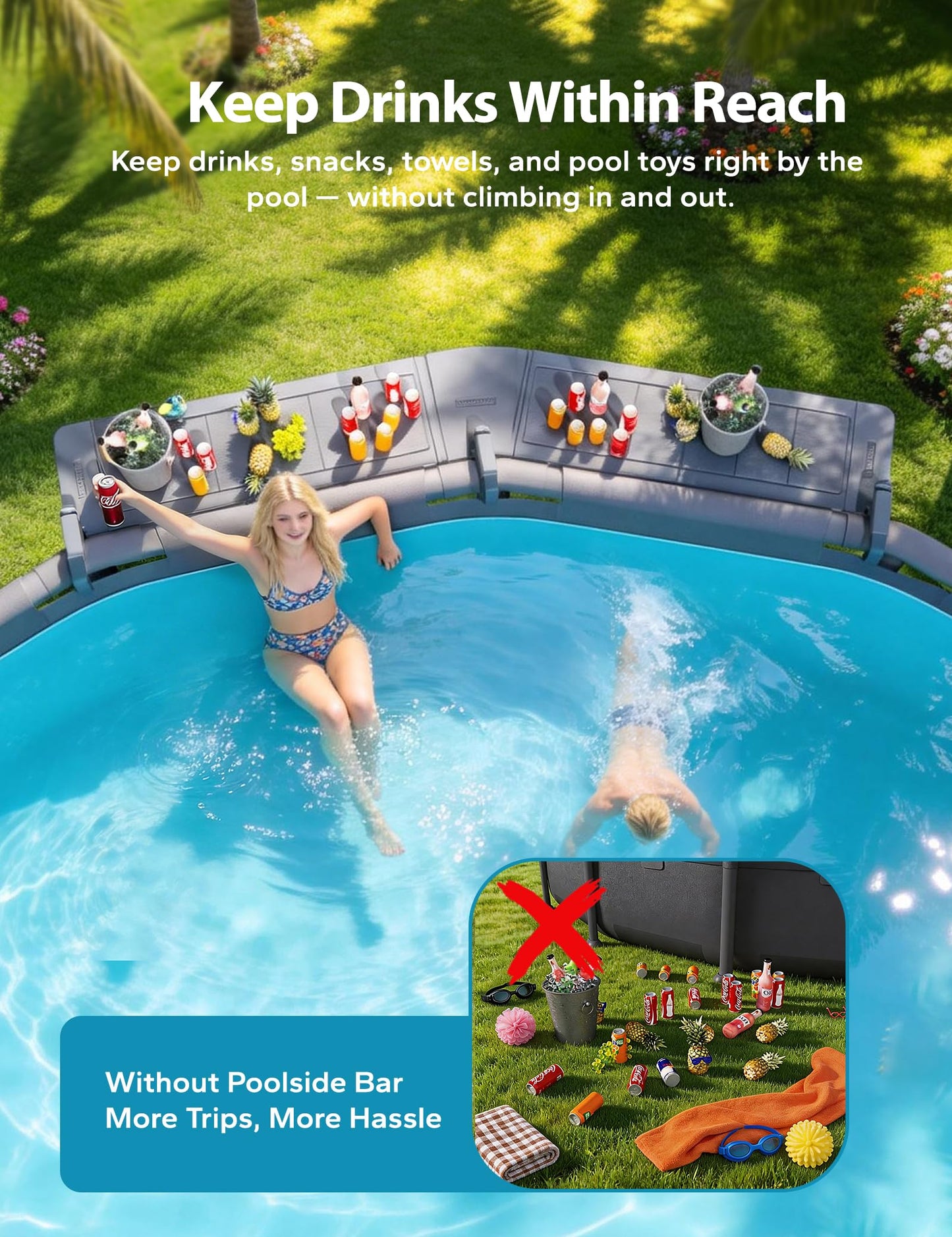 POOLHACKER Poolside Bar Extended, [Original] Swim Up Bar Exclusively for Above-Ground Round Pools. Patio Poolside Table Smart Fold Easy Maintenance, Weather Resistant Stable Tabletop