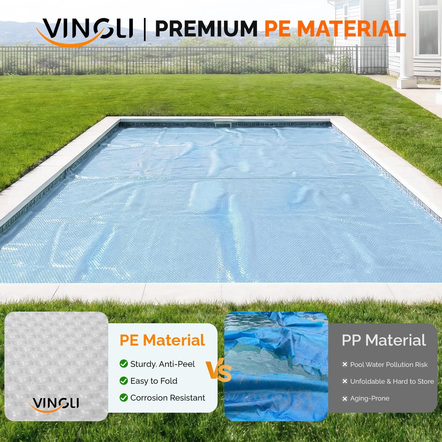 VINGLI 12Mil Solar Pool Cover, Rectangle Solar Blanket-Heavy Duty Solar Pool Cover for Above Ground Pool-Pool Solar Cover for Inground Pool (Clear, 12'x24' Rectangular)