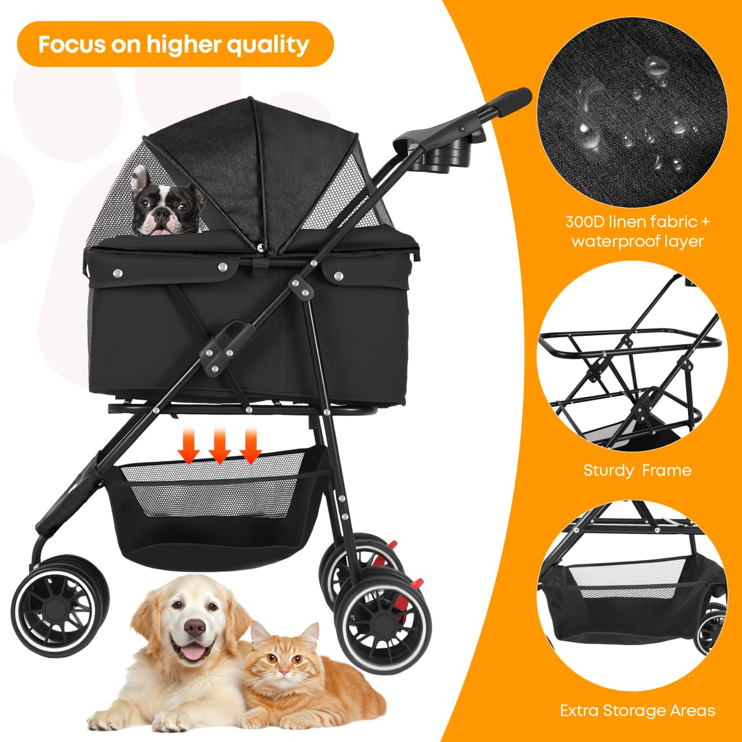 Pet Stroller,Dog Stroller for Small Medium Dogs Cats,3 Wheels,Foldable,with Breathable Mesh Canopy,Cup Holders,Easy Assembly,Black