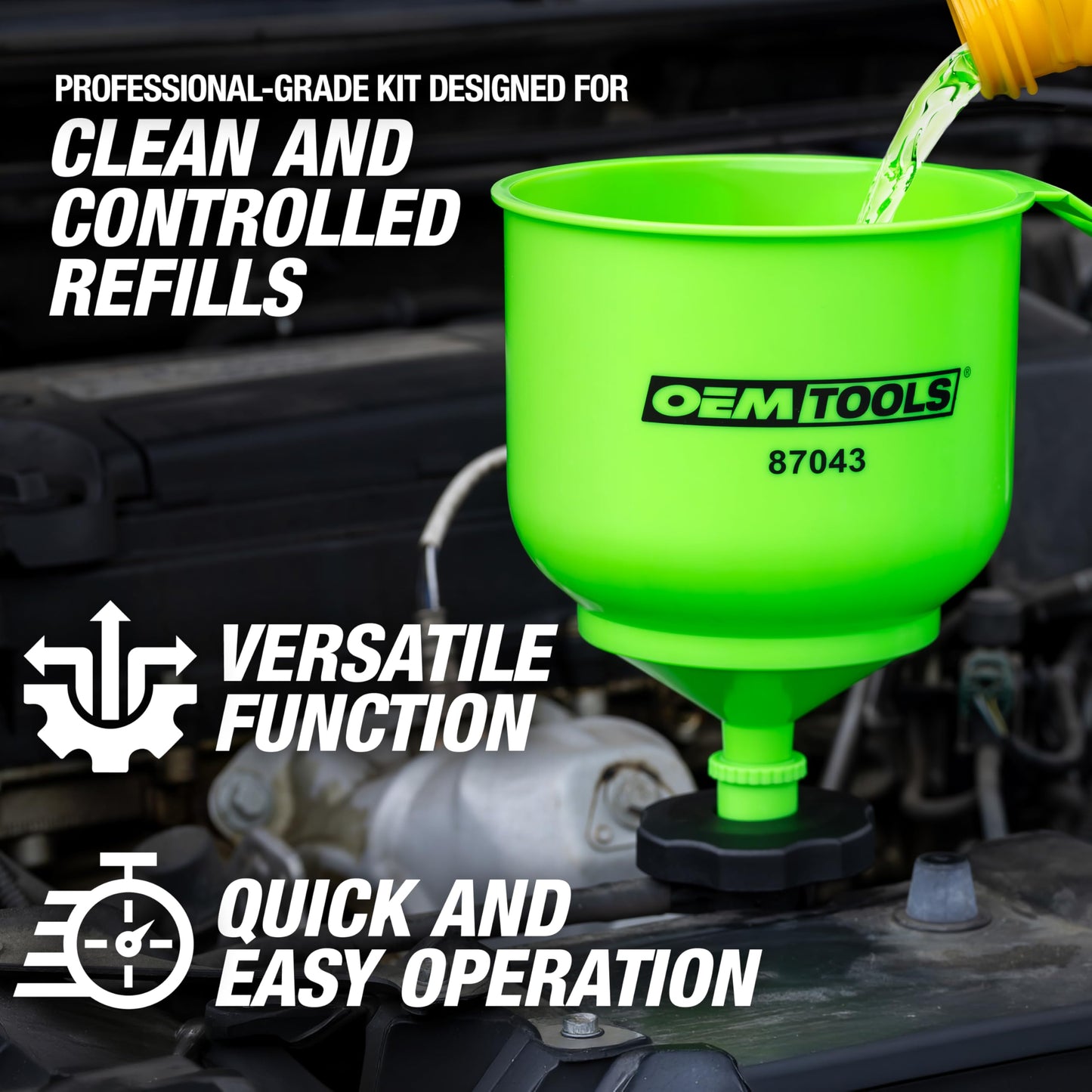 OEMTOOLS 87043 No-Spill Professional Quality Coolant Funnel Kit, Easily Fill Antifreeze Coolant Set Includes 5 Adapters, Extensions, and Automotive Funnel, Air Venting, Drip-Free, Green