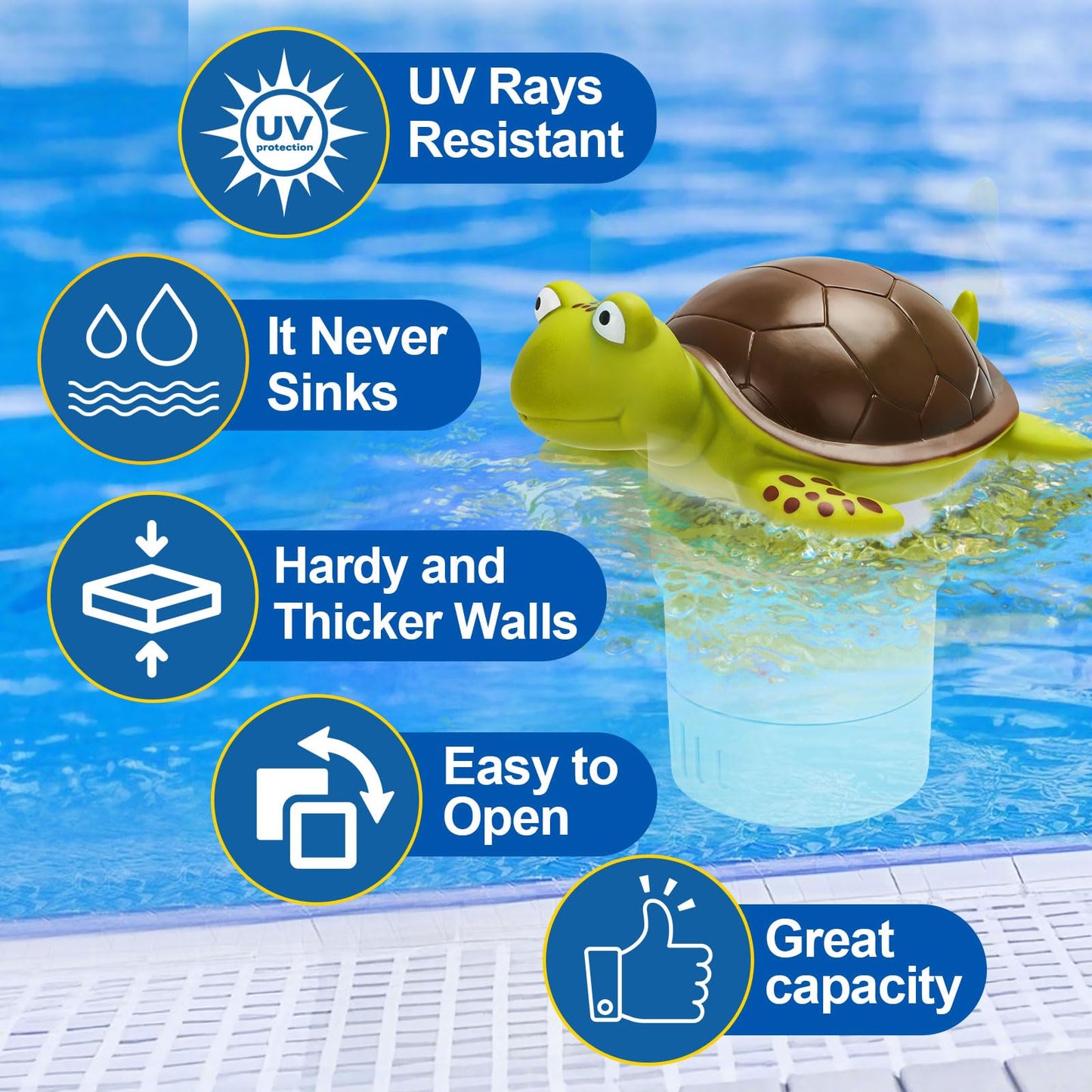 Merkia Pool Chlorine Floater, Large Capacity Floating Chlorine Dispenser Fits Up to 5 Pc 3-Inch Chemical Tablets, Heavy-Duty Plastic-Anti-Aging,Top Vacuum Design- Prevent sinkin (Turtle)
