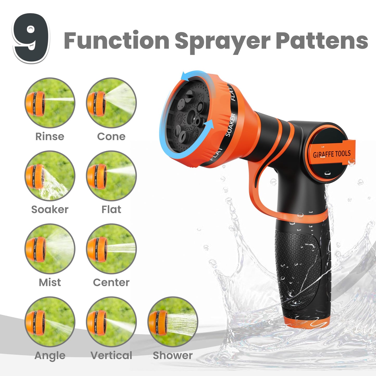 Giraffe Tools Garden Hose 50ft x 5/8", 304 Stainless Steel Metal Water Hose, No Kink Garden Water Hose with 9 Pattern Spray Nozzle, Flexible, Lightweight, Kink Free Hose for Yard, Outdoor