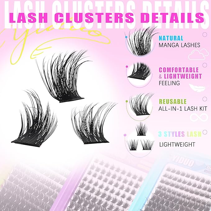 YIDUO 3 Styles Lash Clusters Kit Bulk Packs with 2×Bond&Seal Volume/Manga/ultra/Dramatic Eyelash Extensions 8-18mm lashes Clusters Kit Wispy Individual Fake Eyelashes Kit DIY at Home Easily