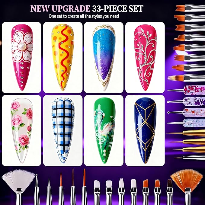 Artdone 34pcs Nail Art Brushes, Nail Art Tool Set, Dotting Tools, Dust Striping Brushes for Long Lines, Drawing Pen Kit For Gel Polish Design Supply