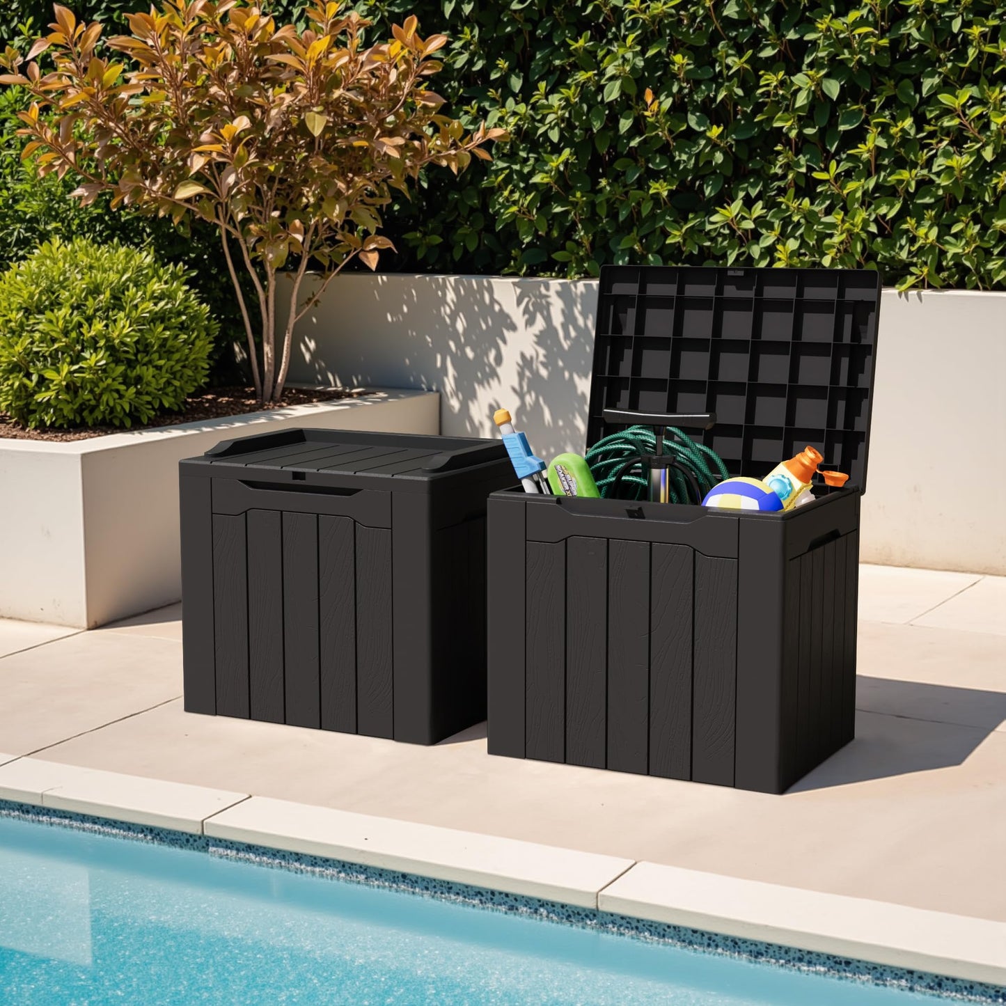 Greesum 31 Gallon Deck Box for Outside, All Weather Outdoor Storage Boxes for Patio Furniture Set, Package Delivery Box, Garden Tools, Black(Set of 2)