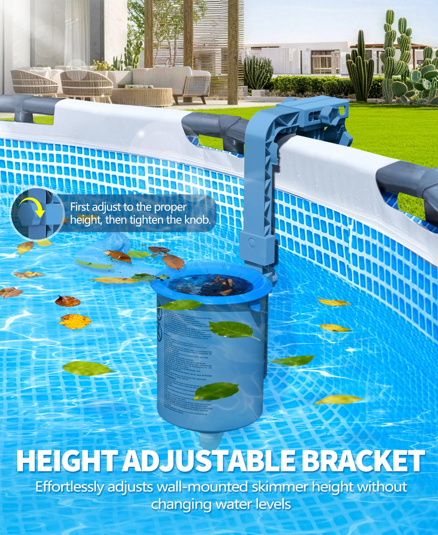 DeeprClean Upgrade Above Ground Pool Skimmer Comes with 3 Socks, Anti-tilt Wall Mount Surface Skimmer, Removable Skimmer Basket, Adjustable Height Bracket, Auto Skimming Pool Surface Leaves - Blue