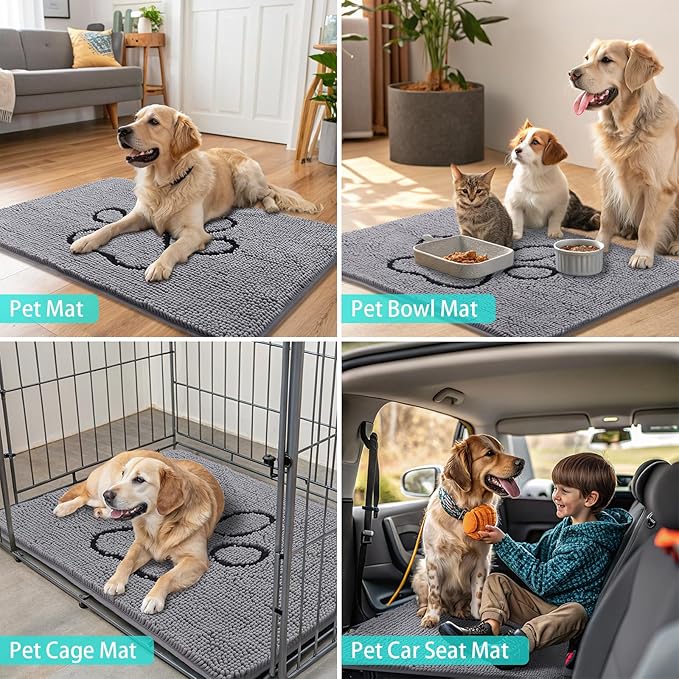 Smiry Dog Door Mat for Muddy Paws, Absorbent Dirt Trapper Non Slip Quick Dry Washable Chenille Mat for Mud Dogs, Entry Rug for Indoor and Outdoor (44x32 Inches, Grey and Black)