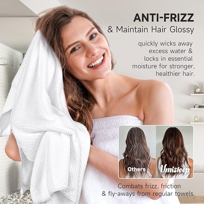 Umisleep Extra Large Microfiber Hair Towel for Women Curly, Long, Thick Hair, 2 Pack Ultra Absorbent Hair Drying Towel Wrap, Super Soft Anti Frizz Hair Turban with Elastic Loop (White, Pink)