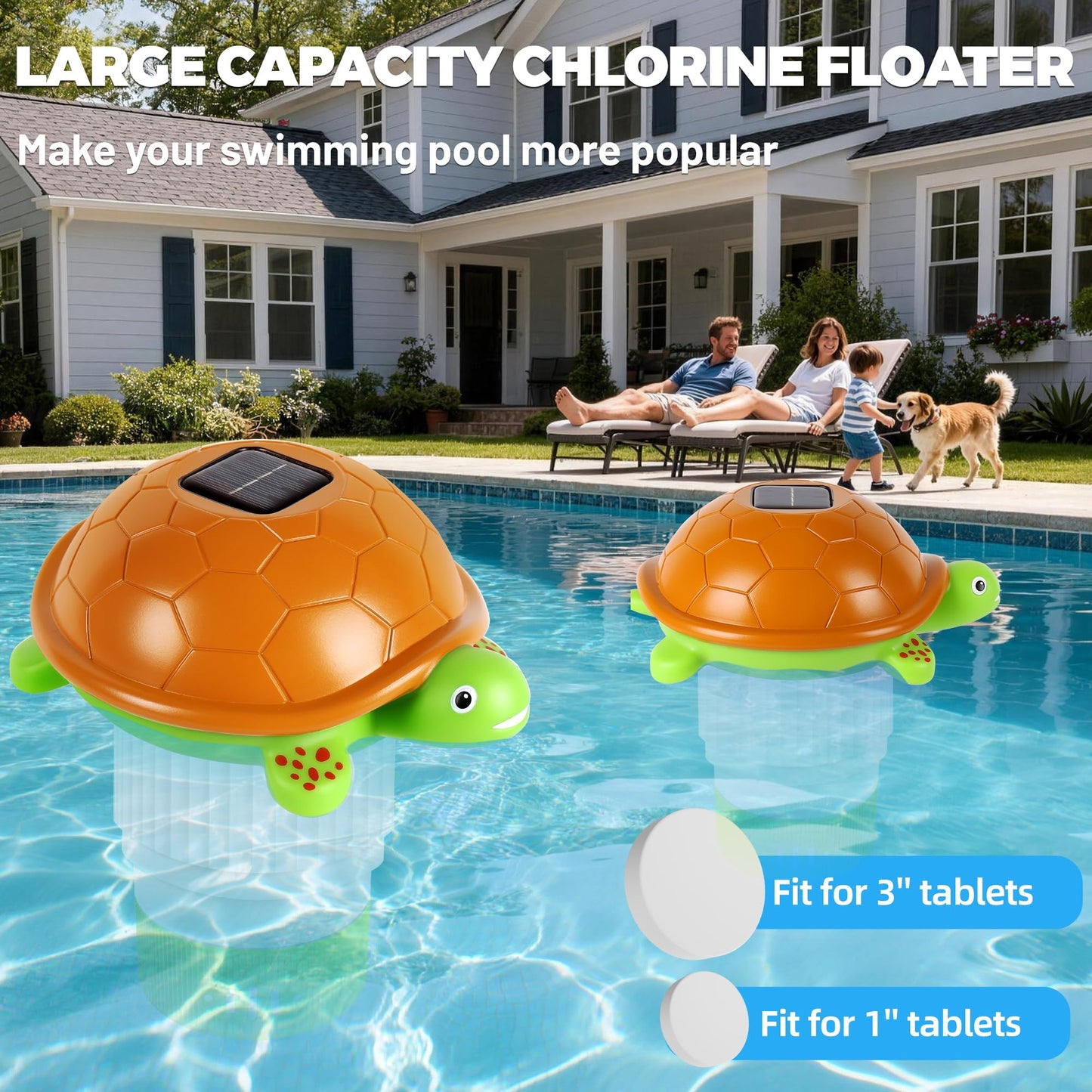 Chsuiwe Pool Chlorine Floater with Light, Turtle Solar Chlorines Floaters with Adjustable Release, Chlorine Floater for 4 * 3'' Disks, Easy Opening Floating Pool chlorines Dispenser for Swimming Pool