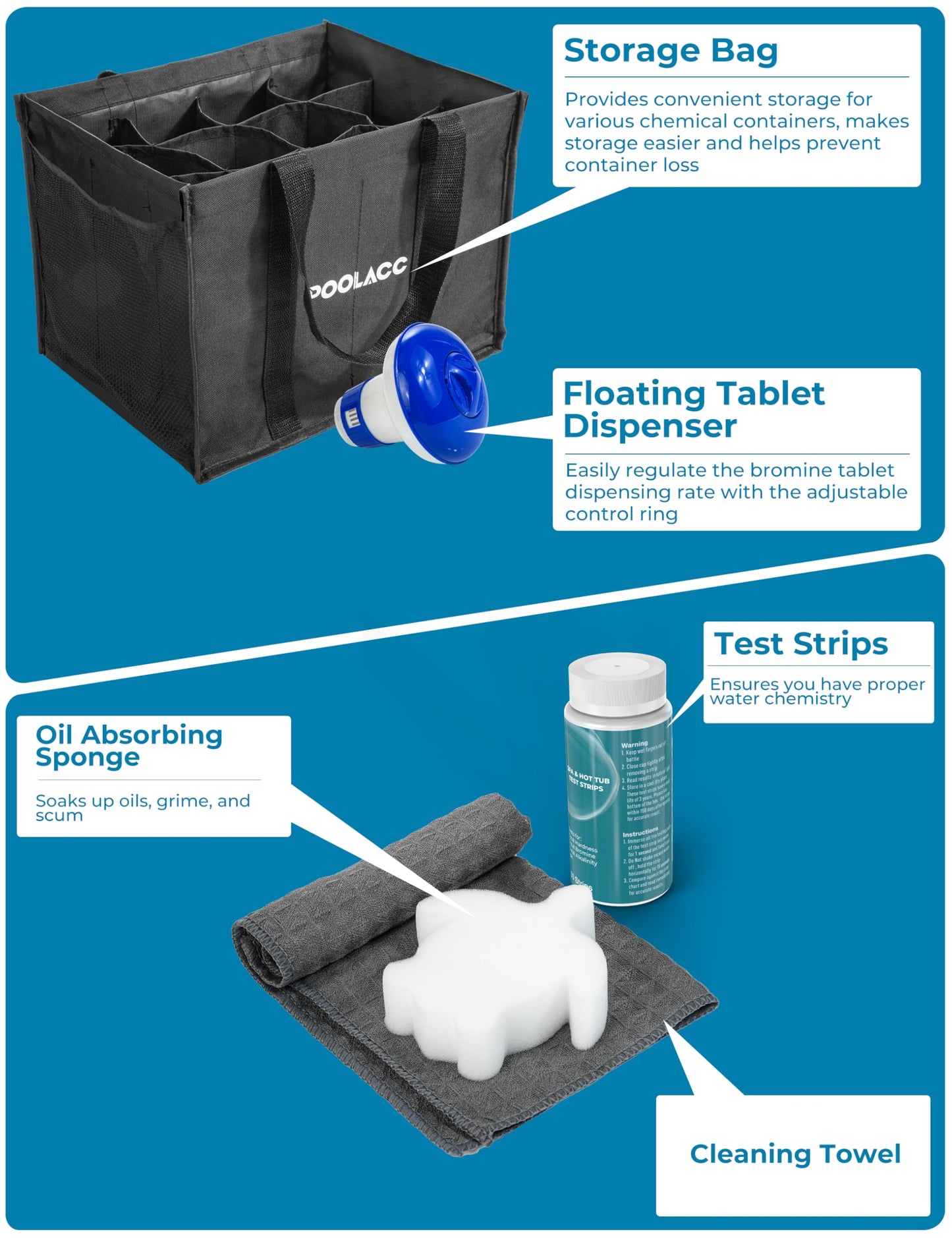 Poolacc Bromine Hot Tub Starter Kit: Includes Extra-Capacity Chemicals, 50 Test Strips, Dispenser & Accessories | All-in-One Spa Maintenance Set