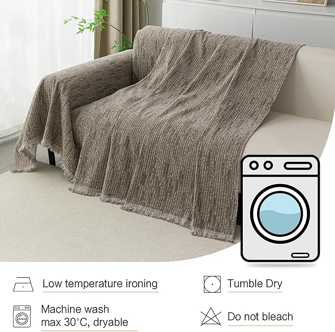 MYSKY HOME Boho Couch Cover Sand Sofa Covers with Tassel Farmhouse Sofa Slipcover Simple Couch Protector for Dogs Chenille Sectional Couch Covers L Shaped Couch Cushion Covers, 71"x 134"