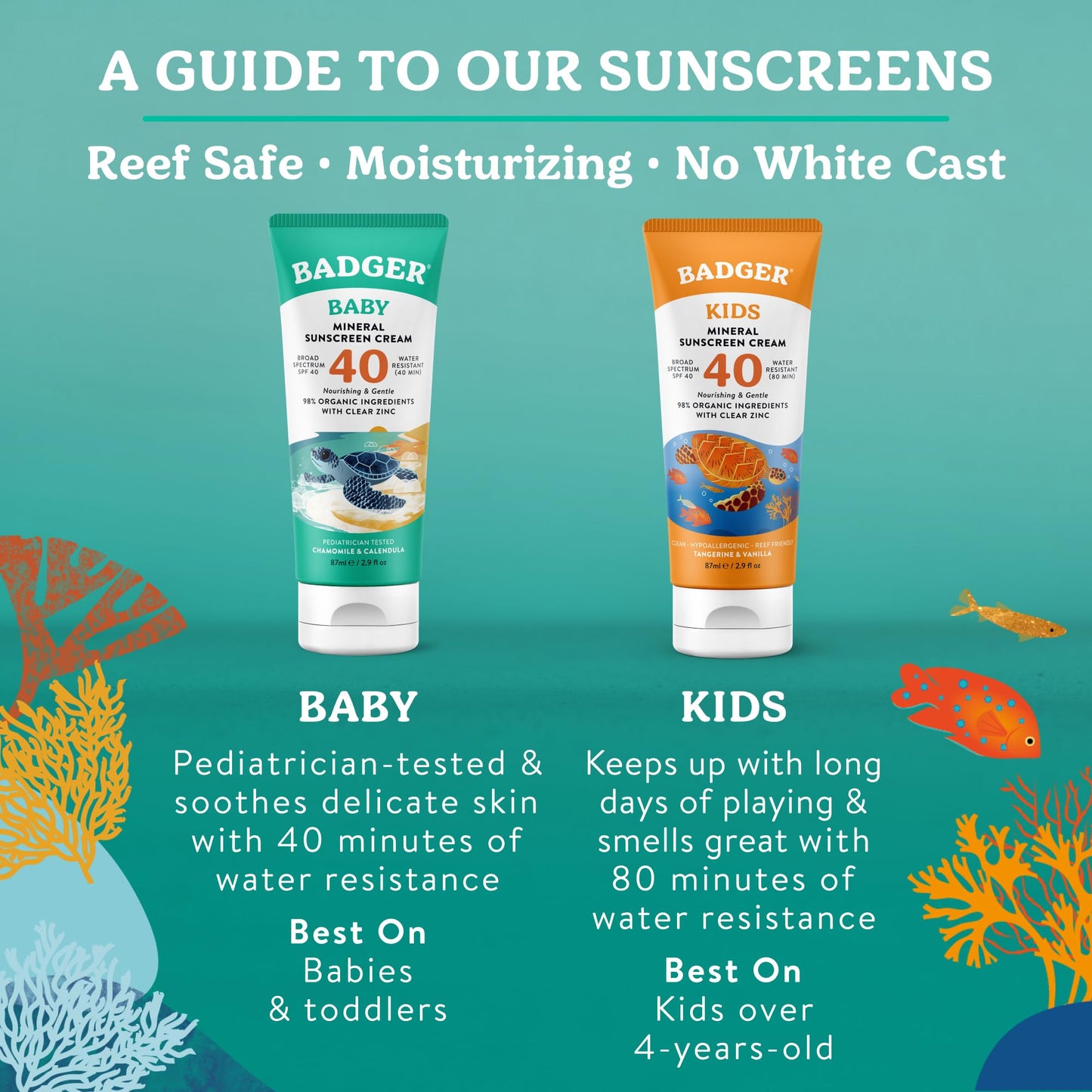 Badger Mineral Baby Sunscreen Cream SPF 40, 98% Organic Toddler Sunscreen with Zinc Oxide, Broad Spectrum, Reef Safe, Water Resistant, Pediatrician Tested Baby Sunblock for Sensitive Skin, 2.9 fl oz