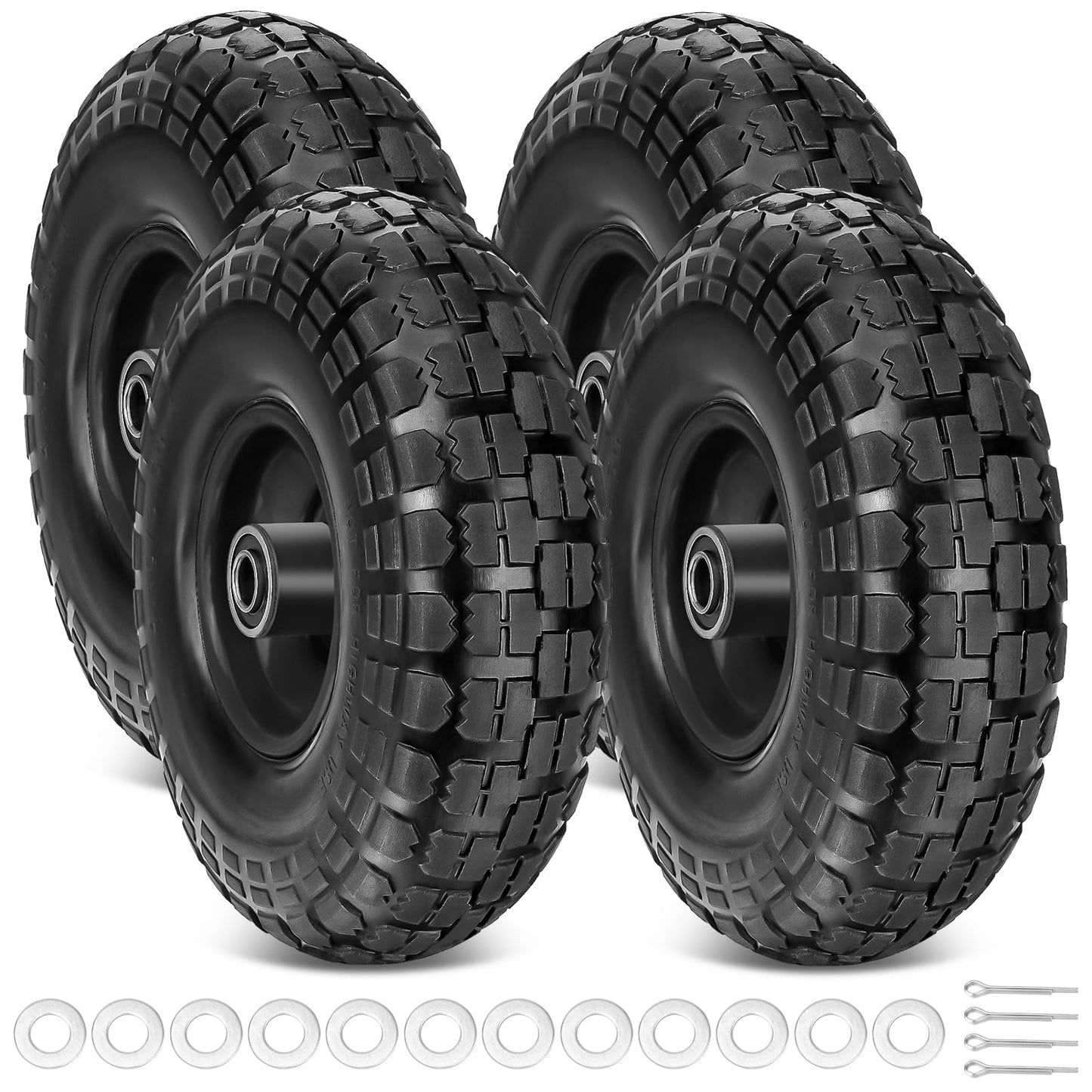 TICONN 10" Solid Tires, 4 Pack Flat Free 4.10/3.50-4'' Wheels with 5/8â Axle Bore Hole and Double Sealed Bearings (Yellow, 4PK)