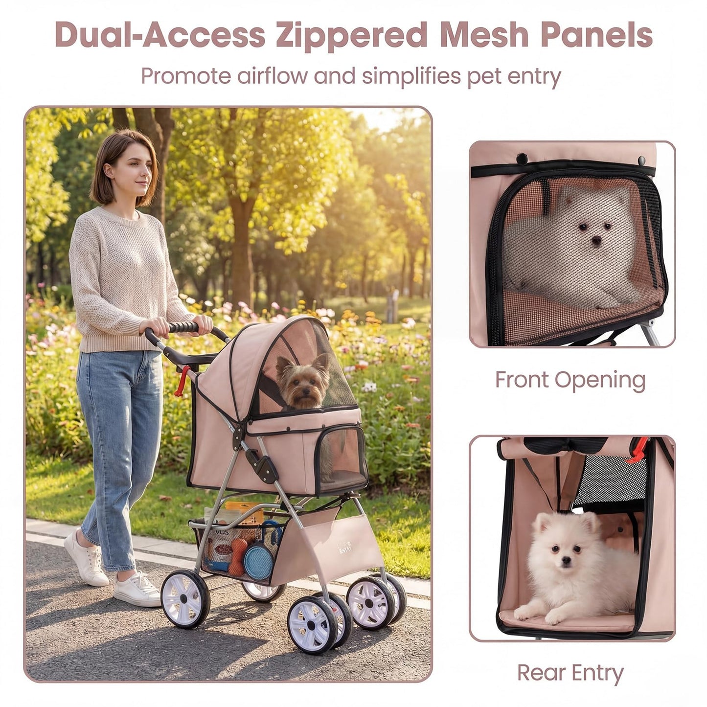 Giantex Foldable Pet Stroller for Small Dogs & Cats, Lightweight Dog Stroller with Lockable Wheels, One-Hand Quick Fold, Adjustable Canopy, Safety Leash & Storage Basket, Pet Travel Stroller, Beige